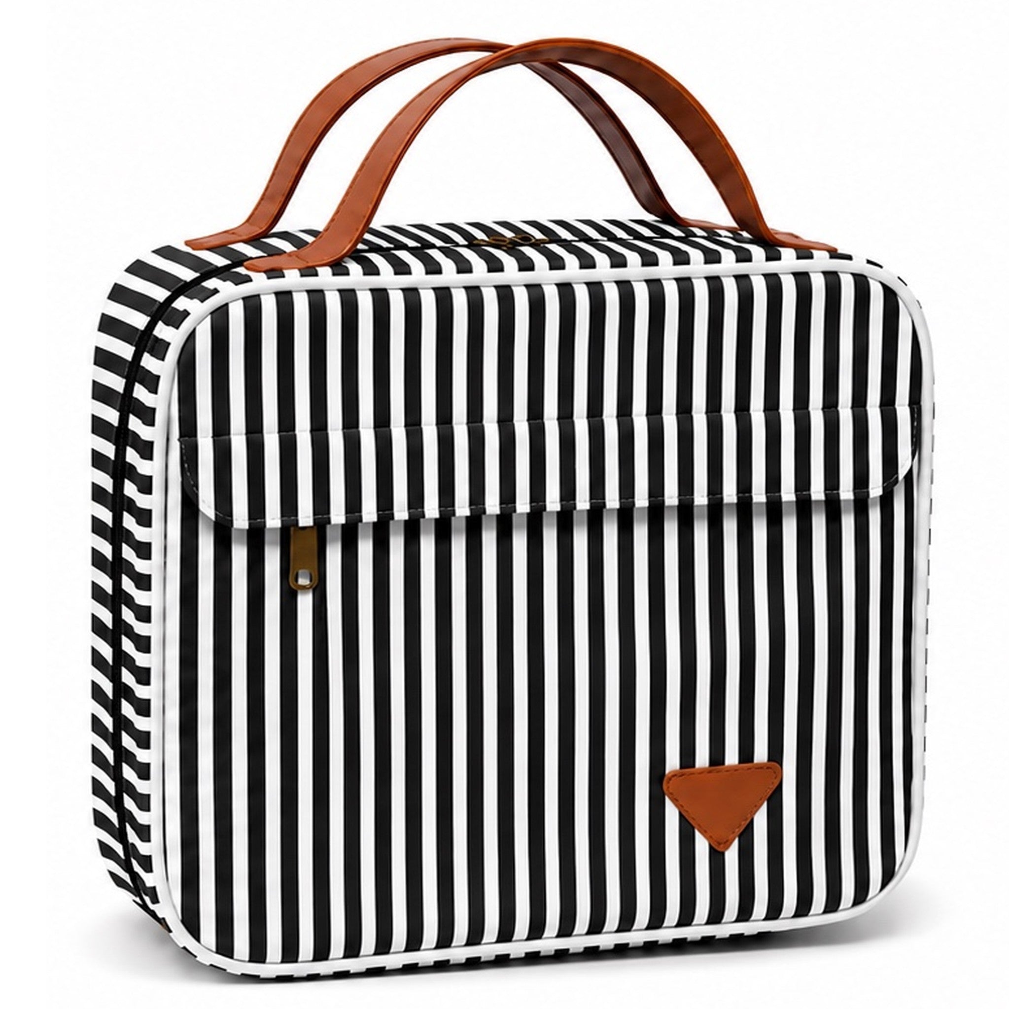 Black and white pinstriped washbag with hanging ability. Storage for travel skincare, makeup, cosmetics and medicine.