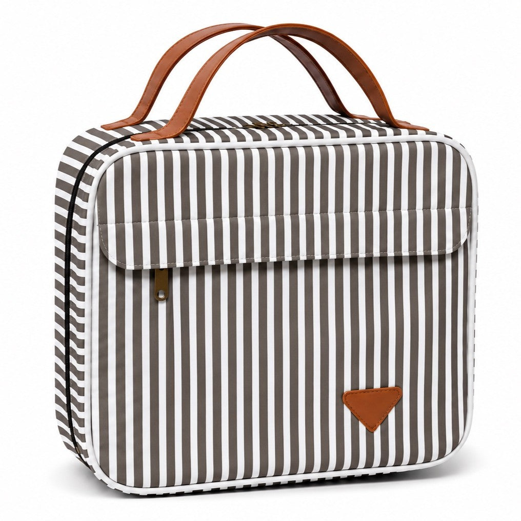 Travel toiletry bag with hook for hanging in hotel bathrooms,