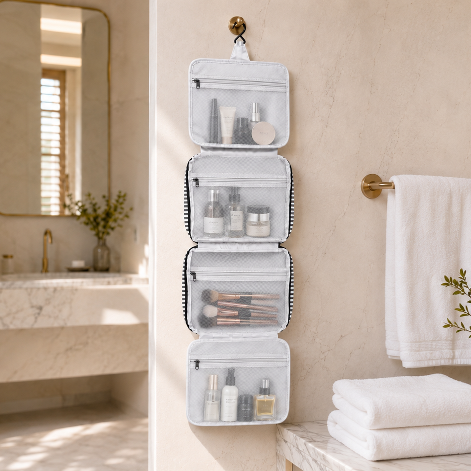 A four-compartment open hanging washbag with clear zip compartments, shown hanging on a bathroom wall with skincare, haircare and makeup brushes inside. A white towel hangs on a brass rack to the right, and a marble vanity is visible in the background.